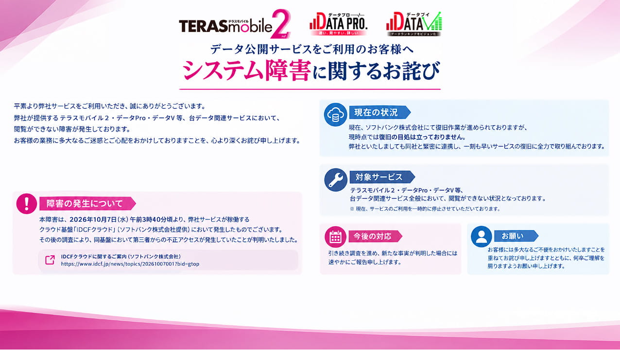テラスモバイル2IDCFクラウドサーバー大規模障害